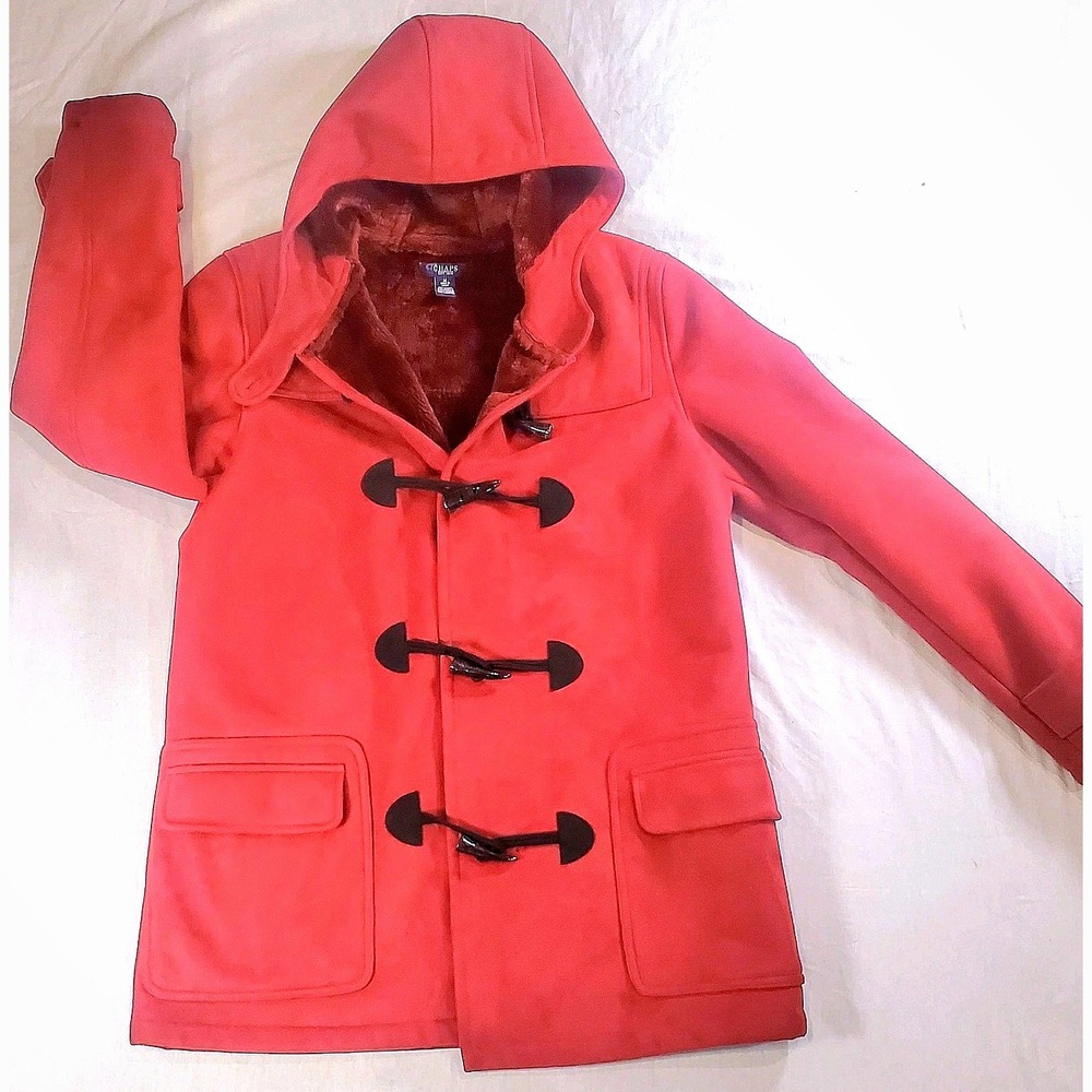 Polo‎ Chaps Women's Winter Coat Size Medium Red Toggle Jacket Faux Suede Hooded